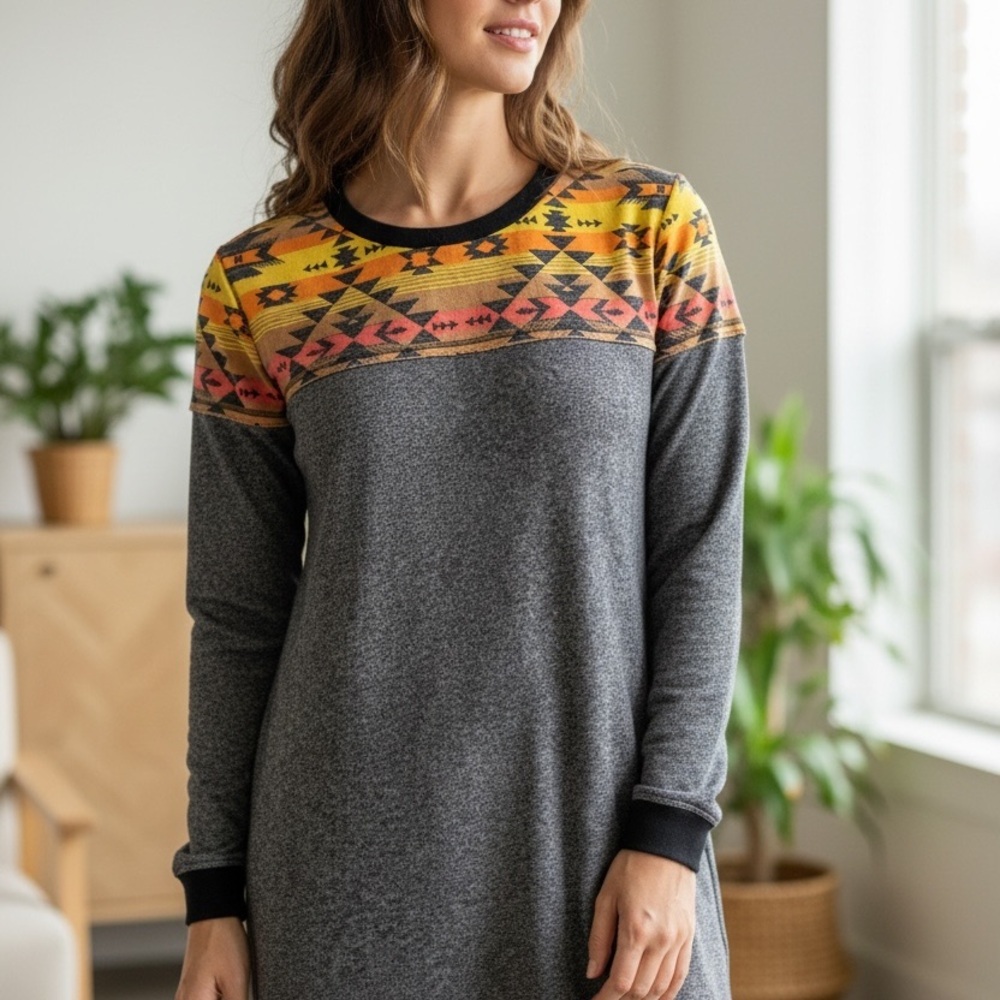 Uncle Frank Tribal Pattern Gray Long Sleeve Dress/Sweater SIZE XL